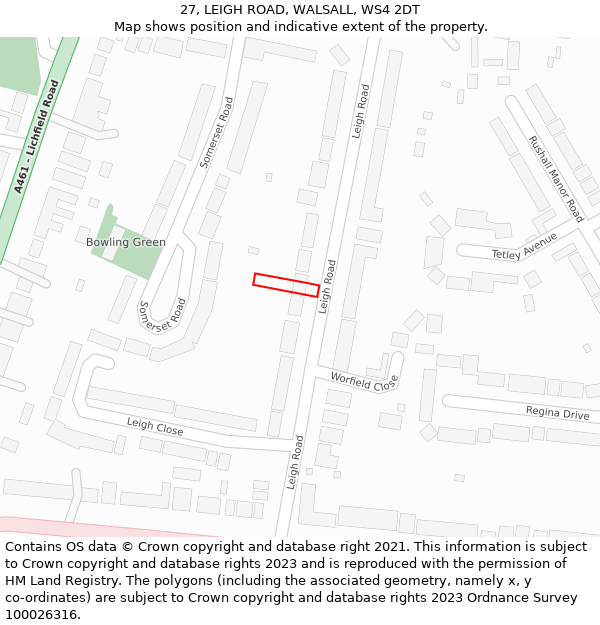 27, LEIGH ROAD, WALSALL, WS4 2DT: Location map and indicative extent of plot