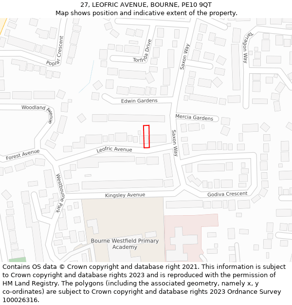 27, LEOFRIC AVENUE, BOURNE, PE10 9QT: Location map and indicative extent of plot