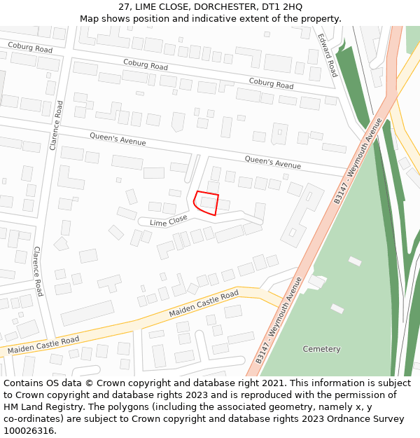 27, LIME CLOSE, DORCHESTER, DT1 2HQ: Location map and indicative extent of plot