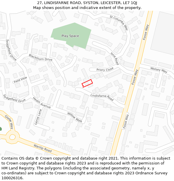 27, LINDISFARNE ROAD, SYSTON, LEICESTER, LE7 1QJ: Location map and indicative extent of plot