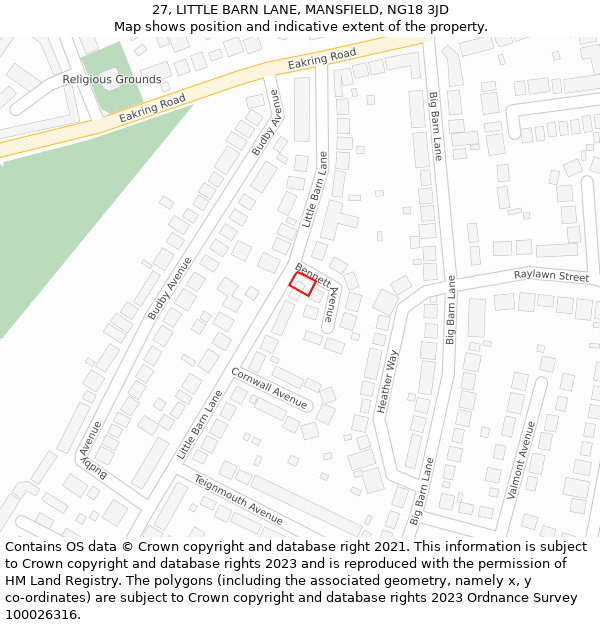 27, LITTLE BARN LANE, MANSFIELD, NG18 3JD: Location map and indicative extent of plot