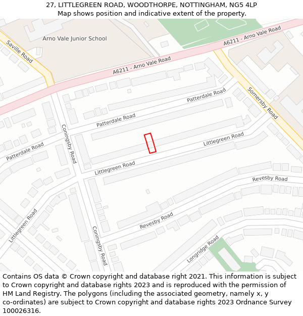 27, LITTLEGREEN ROAD, WOODTHORPE, NOTTINGHAM, NG5 4LP: Location map and indicative extent of plot