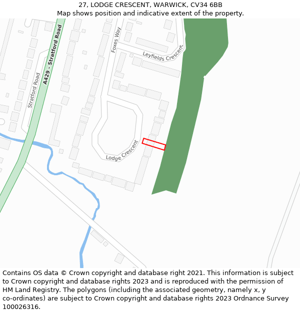 27, LODGE CRESCENT, WARWICK, CV34 6BB: Location map and indicative extent of plot