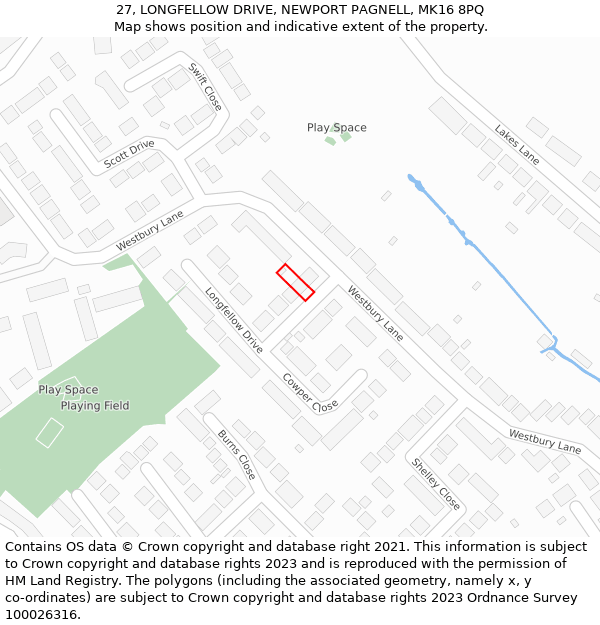 27, LONGFELLOW DRIVE, NEWPORT PAGNELL, MK16 8PQ: Location map and indicative extent of plot