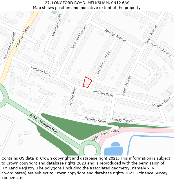 27, LONGFORD ROAD, MELKSHAM, SN12 6AS: Location map and indicative extent of plot