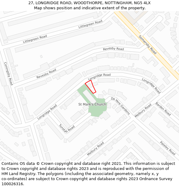 27, LONGRIDGE ROAD, WOODTHORPE, NOTTINGHAM, NG5 4LX: Location map and indicative extent of plot