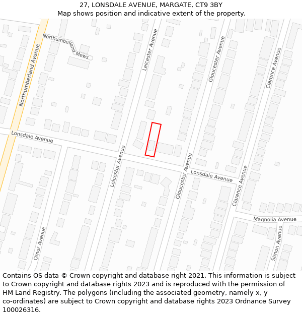 27, LONSDALE AVENUE, MARGATE, CT9 3BY: Location map and indicative extent of plot