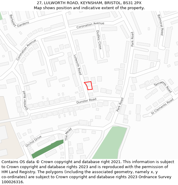 27, LULWORTH ROAD, KEYNSHAM, BRISTOL, BS31 2PX: Location map and indicative extent of plot