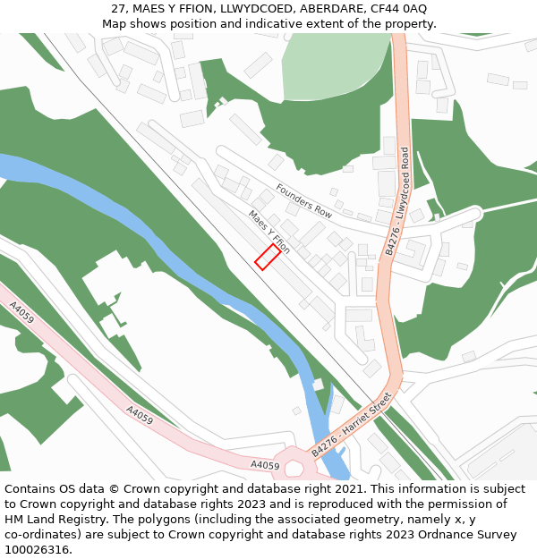 27, MAES Y FFION, LLWYDCOED, ABERDARE, CF44 0AQ: Location map and indicative extent of plot