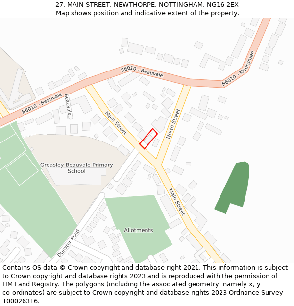 27, MAIN STREET, NEWTHORPE, NOTTINGHAM, NG16 2EX: Location map and indicative extent of plot