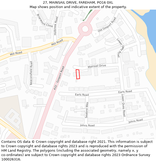 27, MAINSAIL DRIVE, FAREHAM, PO16 0XL: Location map and indicative extent of plot