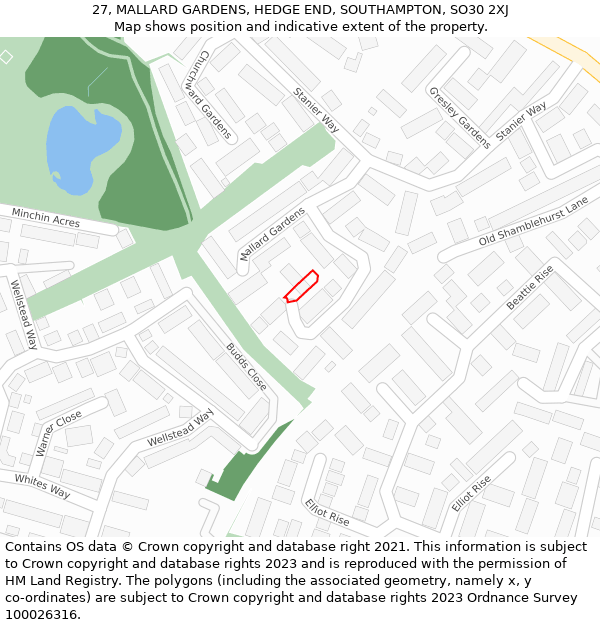 27, MALLARD GARDENS, HEDGE END, SOUTHAMPTON, SO30 2XJ: Location map and indicative extent of plot