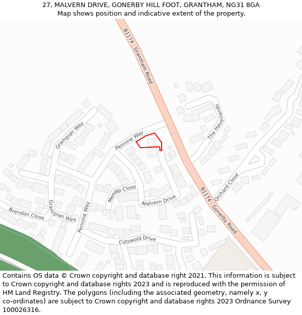 27, MALVERN DRIVE, GONERBY HILL FOOT, GRANTHAM, NG31 8GA: Location map and indicative extent of plot