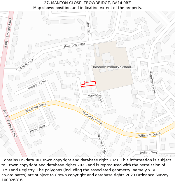 27, MANTON CLOSE, TROWBRIDGE, BA14 0RZ: Location map and indicative extent of plot