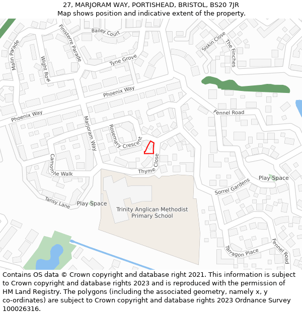 27, MARJORAM WAY, PORTISHEAD, BRISTOL, BS20 7JR: Location map and indicative extent of plot