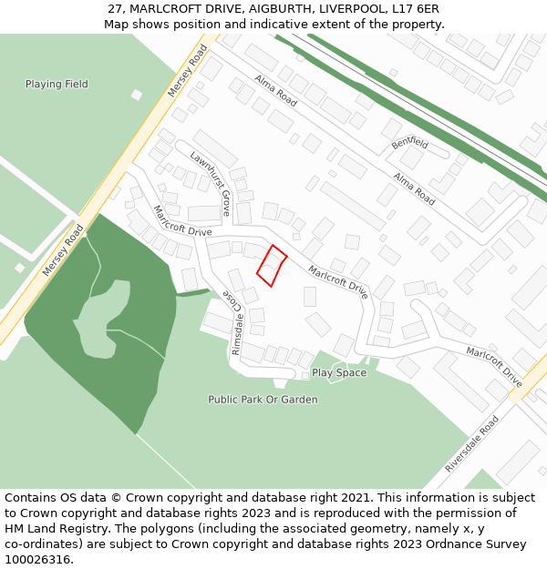 27, MARLCROFT DRIVE, AIGBURTH, LIVERPOOL, L17 6ER: Location map and indicative extent of plot