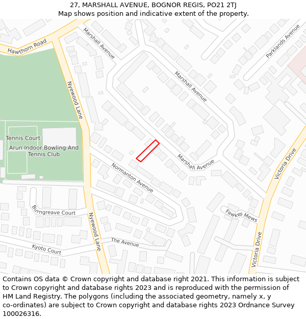 27, MARSHALL AVENUE, BOGNOR REGIS, PO21 2TJ: Location map and indicative extent of plot