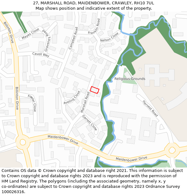 27, MARSHALL ROAD, MAIDENBOWER, CRAWLEY, RH10 7UL: Location map and indicative extent of plot