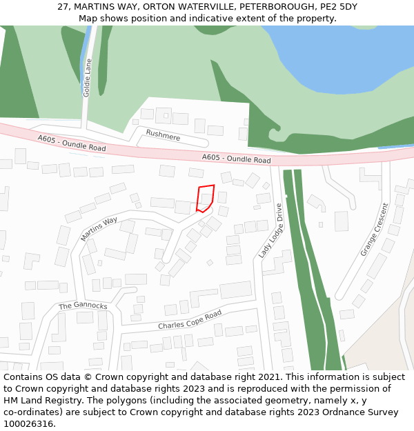 27, MARTINS WAY, ORTON WATERVILLE, PETERBOROUGH, PE2 5DY: Location map and indicative extent of plot