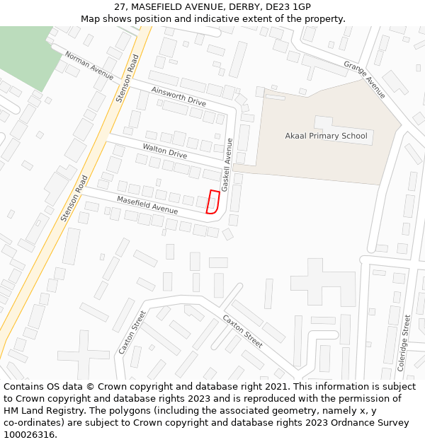27, MASEFIELD AVENUE, DERBY, DE23 1GP: Location map and indicative extent of plot