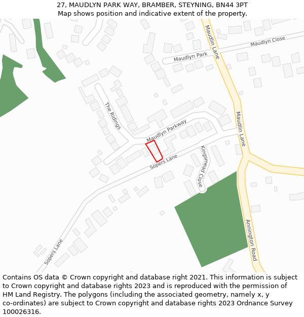 27, MAUDLYN PARK WAY, BRAMBER, STEYNING, BN44 3PT: Location map and indicative extent of plot