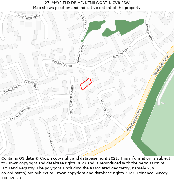 27, MAYFIELD DRIVE, KENILWORTH, CV8 2SW: Location map and indicative extent of plot