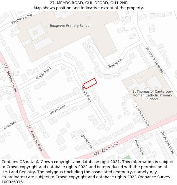 27, MEADS ROAD, GUILDFORD, GU1 2NB: Location map and indicative extent of plot