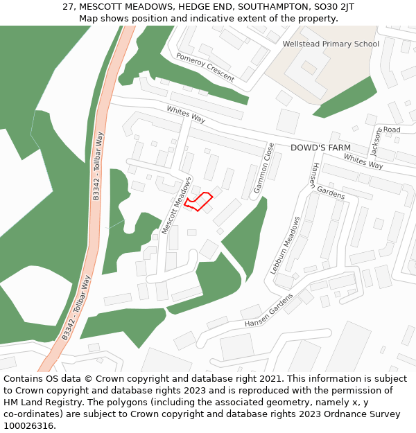 27, MESCOTT MEADOWS, HEDGE END, SOUTHAMPTON, SO30 2JT: Location map and indicative extent of plot