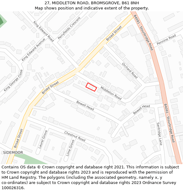 27, MIDDLETON ROAD, BROMSGROVE, B61 8NH: Location map and indicative extent of plot