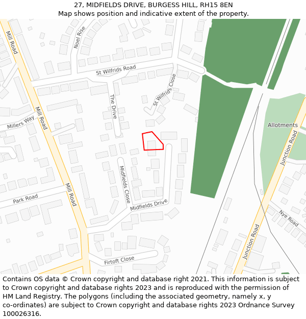 27, MIDFIELDS DRIVE, BURGESS HILL, RH15 8EN: Location map and indicative extent of plot