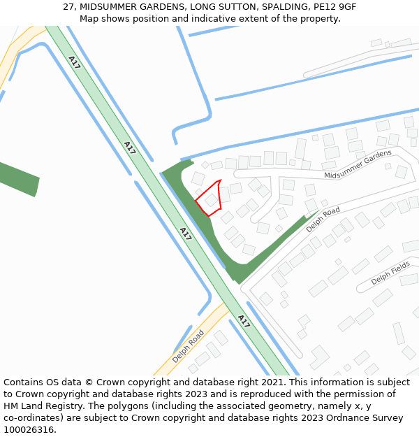 27, MIDSUMMER GARDENS, LONG SUTTON, SPALDING, PE12 9GF: Location map and indicative extent of plot