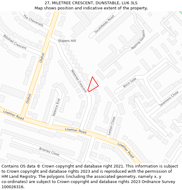 27, MILETREE CRESCENT, DUNSTABLE, LU6 3LS: Location map and indicative extent of plot