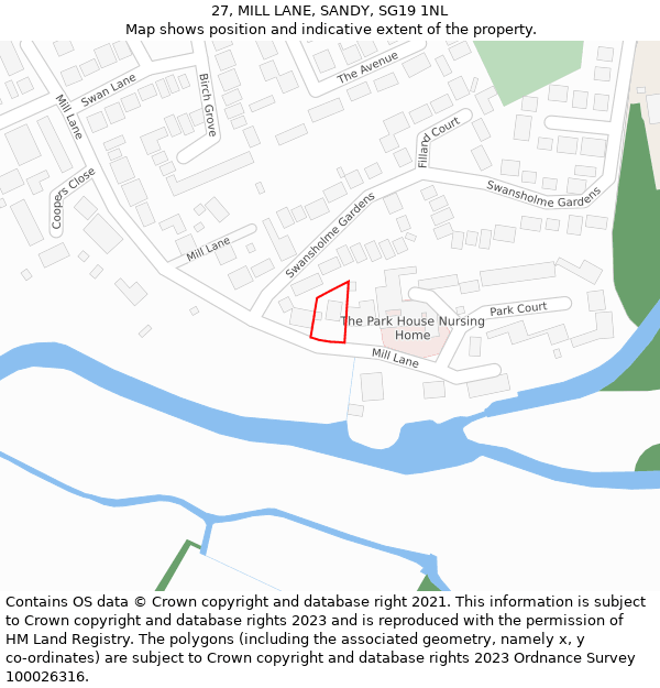 27, MILL LANE, SANDY, SG19 1NL: Location map and indicative extent of plot