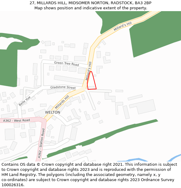 27, MILLARDS HILL, MIDSOMER NORTON, RADSTOCK, BA3 2BP: Location map and indicative extent of plot