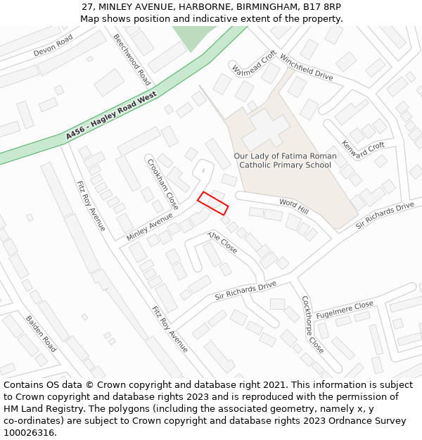 27, MINLEY AVENUE, HARBORNE, BIRMINGHAM, B17 8RP: Location map and indicative extent of plot