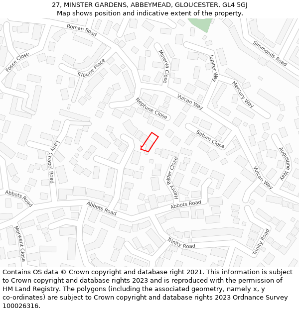 27, MINSTER GARDENS, ABBEYMEAD, GLOUCESTER, GL4 5GJ: Location map and indicative extent of plot