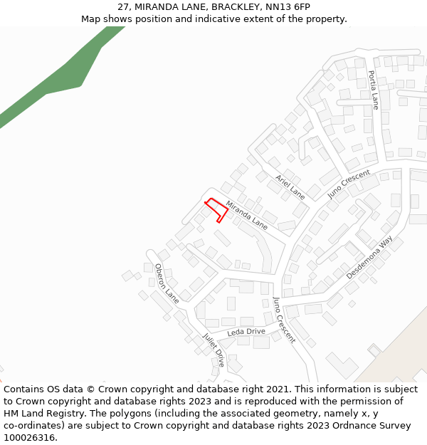 27, MIRANDA LANE, BRACKLEY, NN13 6FP: Location map and indicative extent of plot