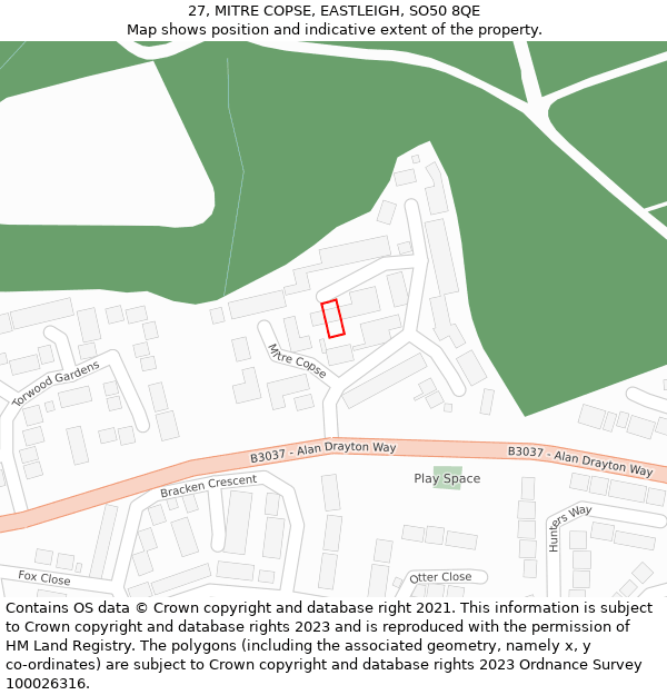 27, MITRE COPSE, EASTLEIGH, SO50 8QE: Location map and indicative extent of plot