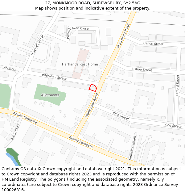 27, MONKMOOR ROAD, SHREWSBURY, SY2 5AG: Location map and indicative extent of plot