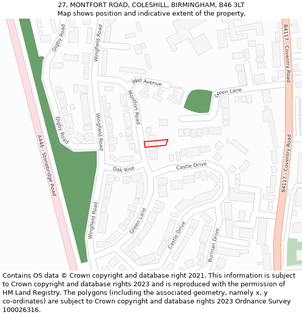 27, MONTFORT ROAD, COLESHILL, BIRMINGHAM, B46 3LT: Location map and indicative extent of plot