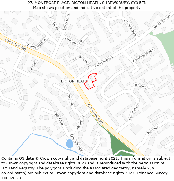 27, MONTROSE PLACE, BICTON HEATH, SHREWSBURY, SY3 5EN: Location map and indicative extent of plot