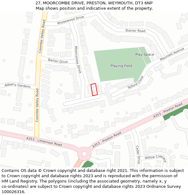 27, MOORCOMBE DRIVE, PRESTON, WEYMOUTH, DT3 6NP: Location map and indicative extent of plot