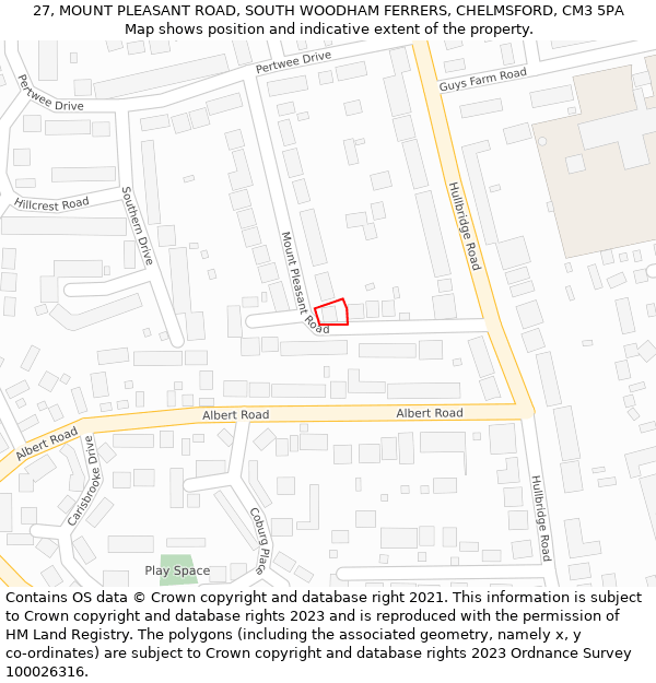 27, MOUNT PLEASANT ROAD, SOUTH WOODHAM FERRERS, CHELMSFORD, CM3 5PA: Location map and indicative extent of plot