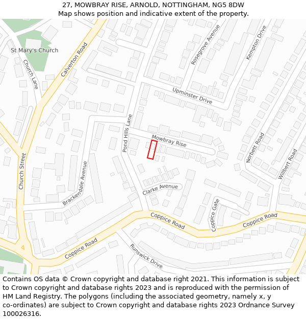 27, MOWBRAY RISE, ARNOLD, NOTTINGHAM, NG5 8DW: Location map and indicative extent of plot