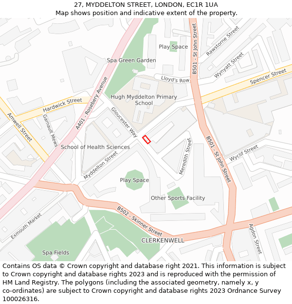 27, MYDDELTON STREET, LONDON, EC1R 1UA: Location map and indicative extent of plot