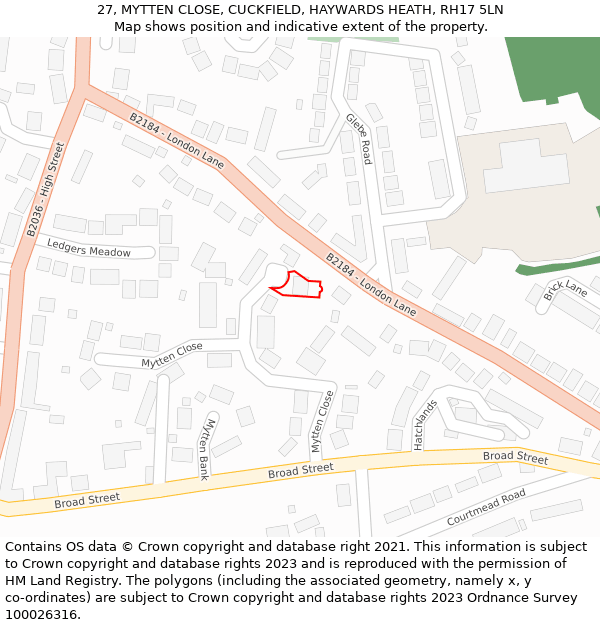 27, MYTTEN CLOSE, CUCKFIELD, HAYWARDS HEATH, RH17 5LN: Location map and indicative extent of plot