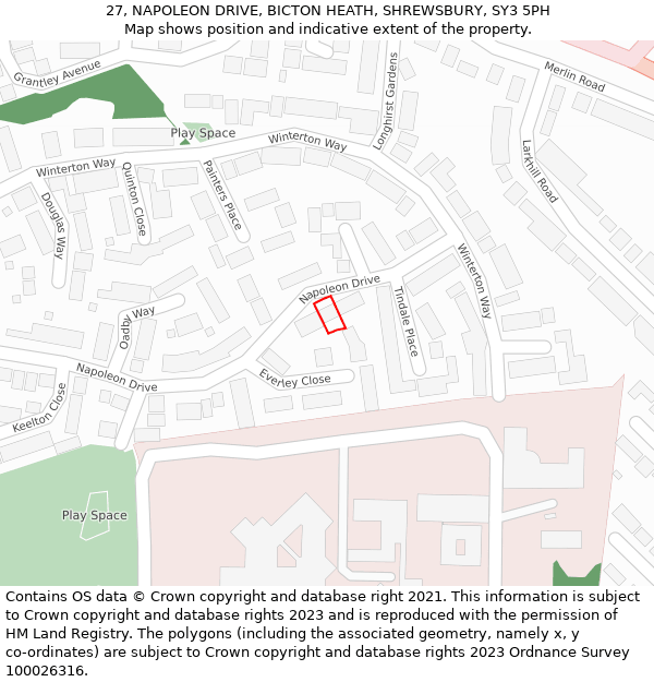 27, NAPOLEON DRIVE, BICTON HEATH, SHREWSBURY, SY3 5PH: Location map and indicative extent of plot