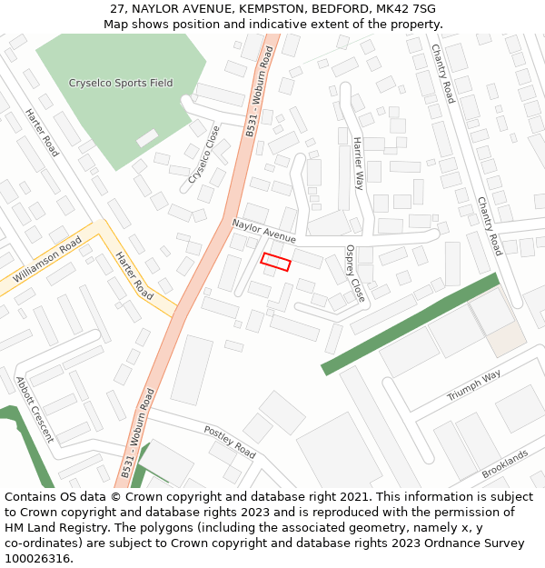 27, NAYLOR AVENUE, KEMPSTON, BEDFORD, MK42 7SG: Location map and indicative extent of plot