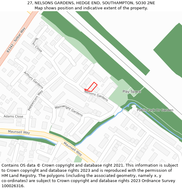 27, NELSONS GARDENS, HEDGE END, SOUTHAMPTON, SO30 2NE: Location map and indicative extent of plot