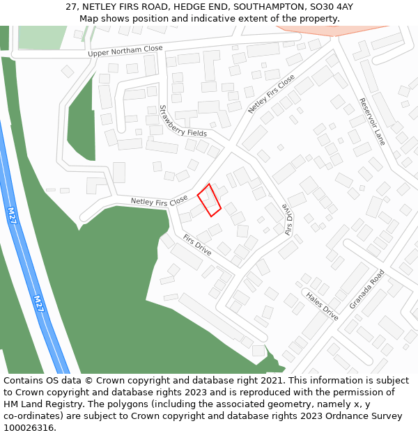 27, NETLEY FIRS ROAD, HEDGE END, SOUTHAMPTON, SO30 4AY: Location map and indicative extent of plot